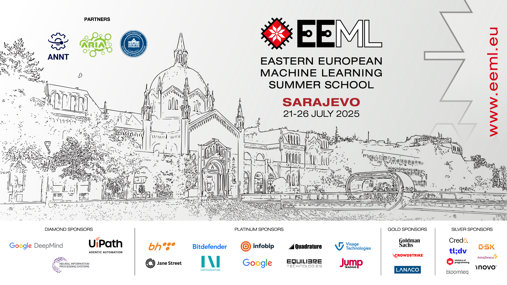 The official landing page graphic for EEML 2025 in Sarajevo, Bosnia and Herzegovina.