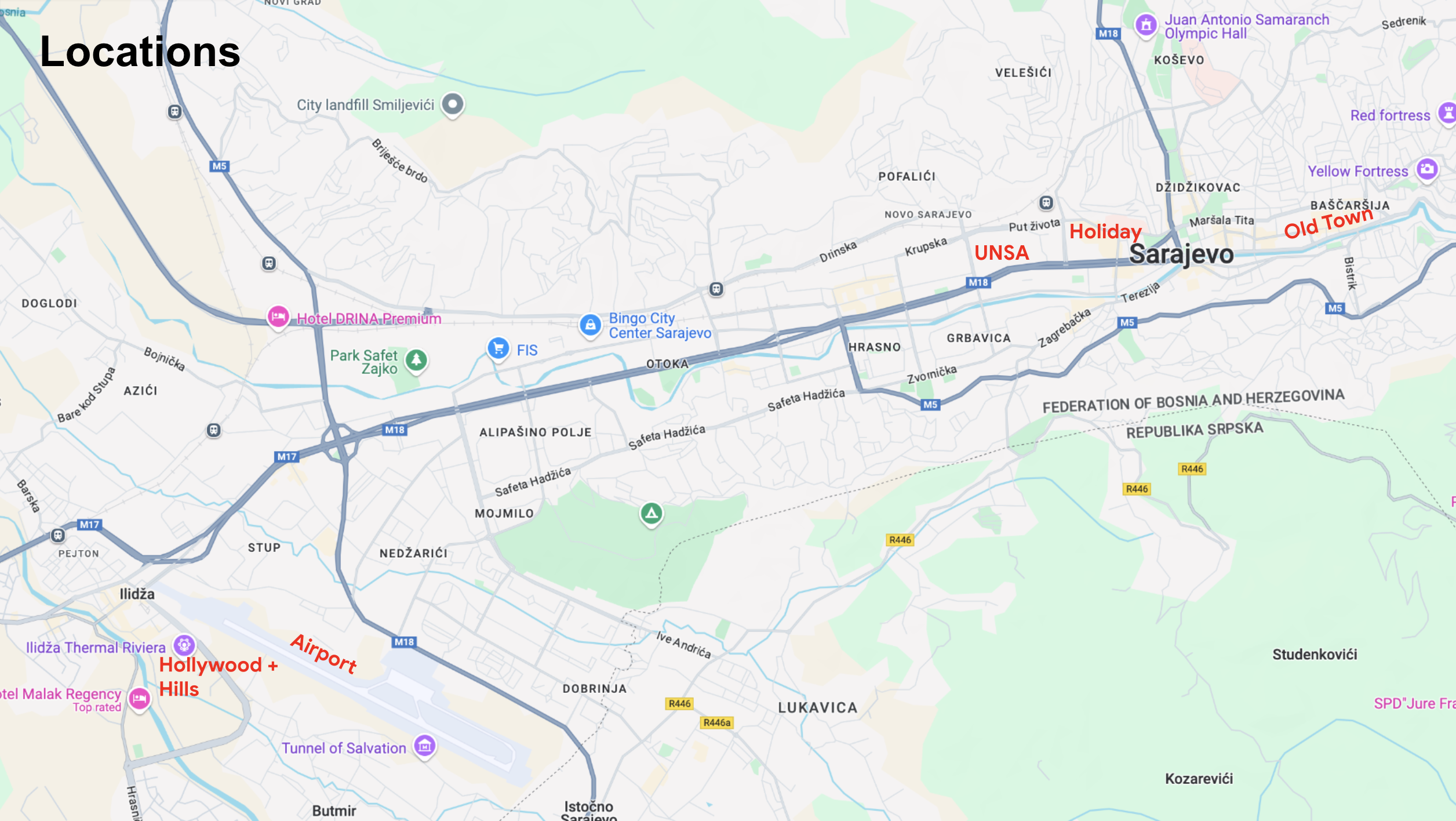A map of Sarajevo showing the key choices for the EEML 2025 summer school.