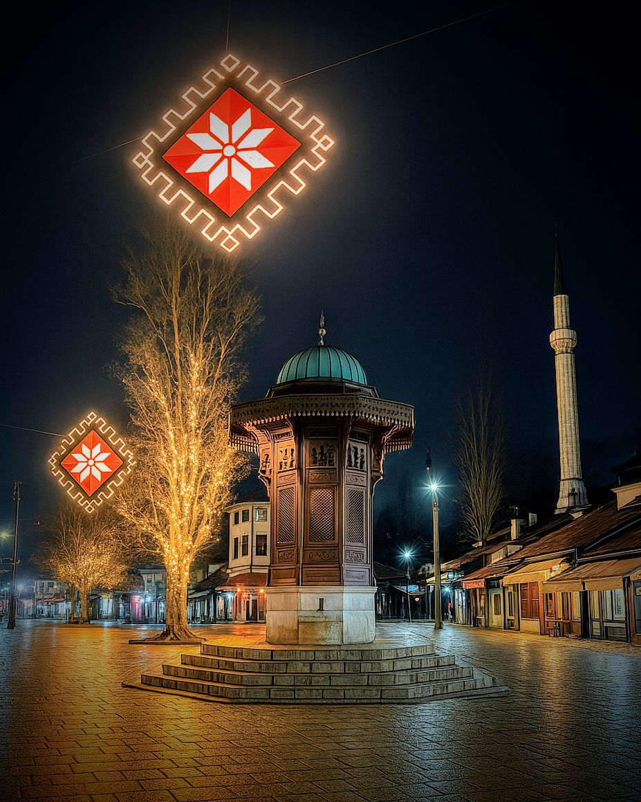 A photo of the iconic Sebilj wooden fountain in Sarajevo's Baščaršija old town with the EEML logo.