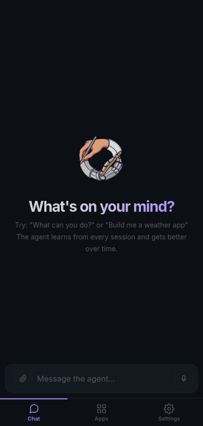 After prompting for bottom-nav: the chat fills the screen, no header bar, and a persistent bottom strip shows three tabs — Chat (active, purple), Apps, Settings.