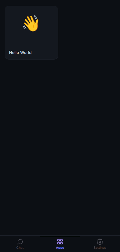 Apps tab active: a Hello World card with a hand-wave emoji icon, bottom nav showing Apps highlighted