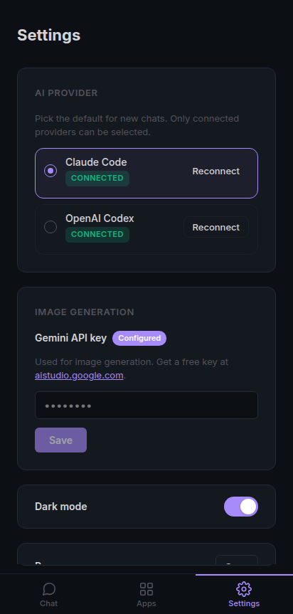 Settings tab active: AI Provider section showing Claude Code and OpenAI Codex both CONNECTED with Reconnect buttons, an Image Generation section with a 'Configured' pill on the Gemini API key, a Dark mode toggle, and a Recovery section.