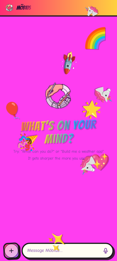 Möbius restyled into a meme theme, a rainbow canvas with floating unicorns and bouncing emoji