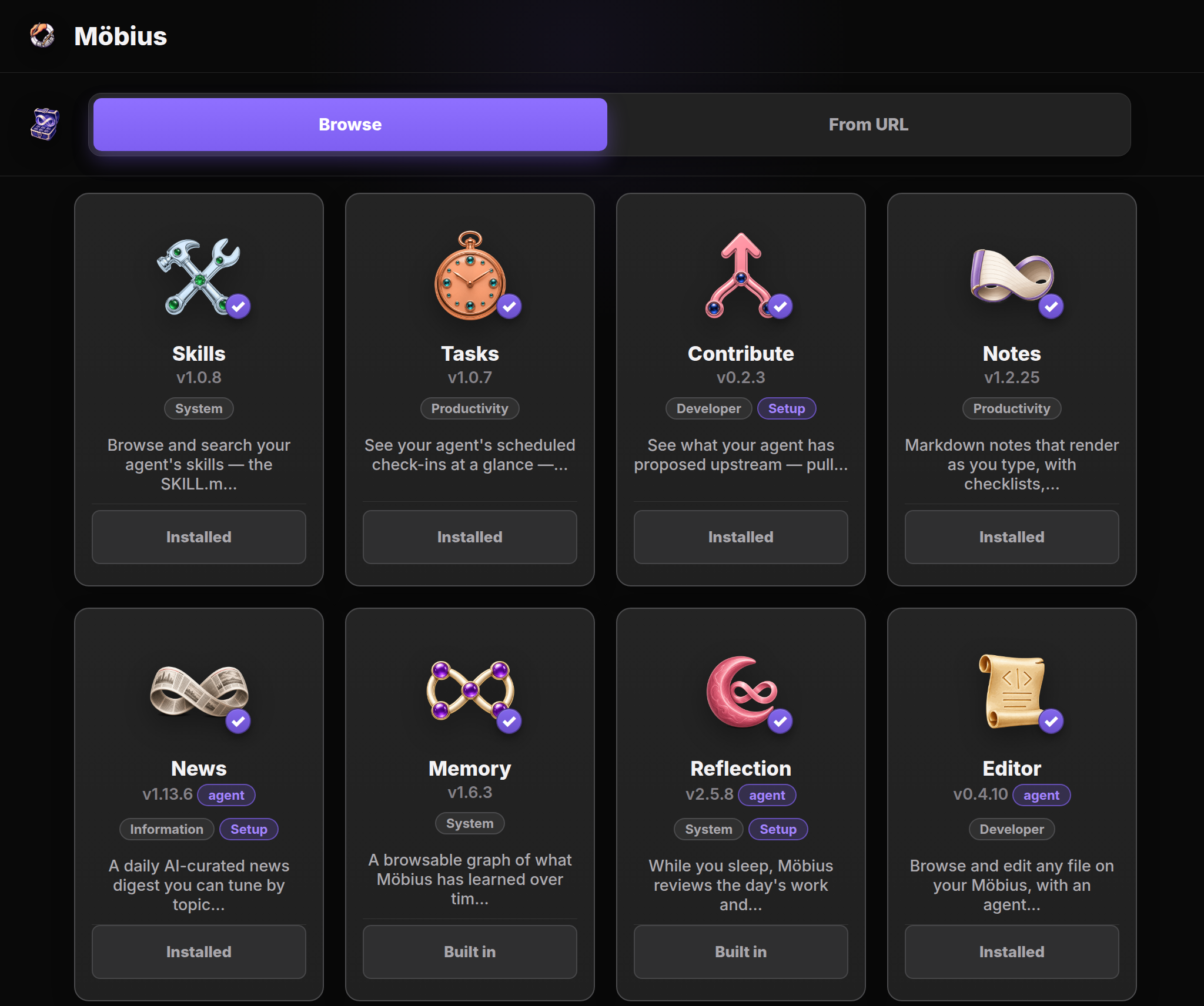 The Möbius App Store Browse tab showing Skills, Tasks, Contribute, Notes, News, Memory, Reflection, and Editor installed in the starter catalog.