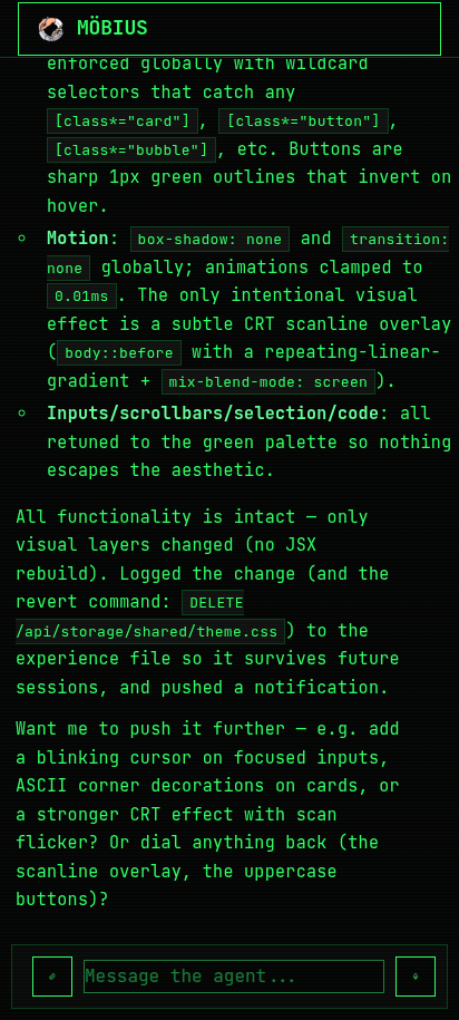 Mid-chat view of the brutalist theme — the agent volunteers next-step suggestions