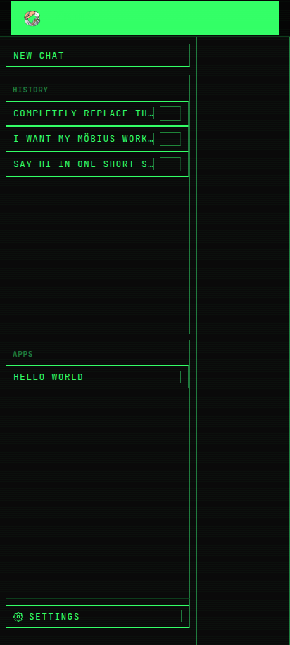 Möbius after 'brutalist green-on-black terminal' — phosphor green on near-black, JetBrains Mono, ALL-CAPS