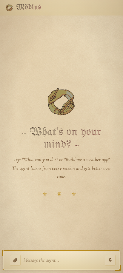Möbius after 'medieval manuscript' — parchment cream background, blackletter Möbius wordmark, calligraphic 'What's on your mind?', three golden stars as ornamental divider