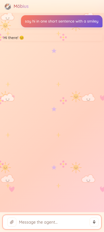 Built result, same theme: chat with 'say hi in one short sentence with a smiley' / 'Hi! :)' exchange, drifting bubbles and dark star silhouettes layered over the gradient, composer at the bottom.